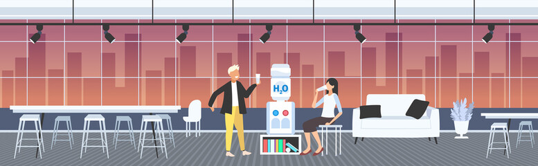 man woman drinking water near cooler colleagues couple refreshing during break time concept modern office interior horizontal full length vector illustration