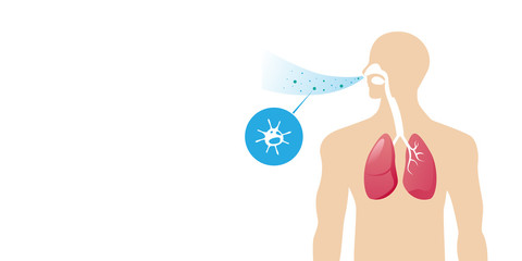 human body with lungs affected by virus cells bacteria and fungi into respiratory of human from breathe portrait horizontal vector illustration