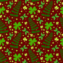 Vector seamless pattern with clover leaves. Suitable for St. Patrick's Day or spring design. For the design of fabric, wrapping paper, wallpaper.