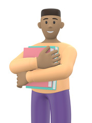 Literature fan character a young african guy holding books in his hands. Funny, abstract cartoon people isolated on a white background. 3D rendering.