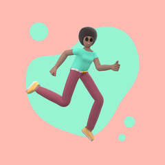 Fototapeta na wymiar Positive character in colored clothes on an abstract stain background. A young cheerful African girl runs, dances, jumps, levitates and flies. Funny cartoon people. 3D rendering.