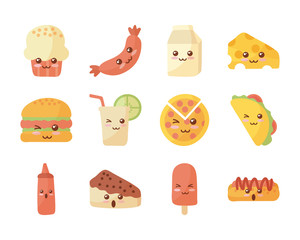 set of icons kawaii food on white background