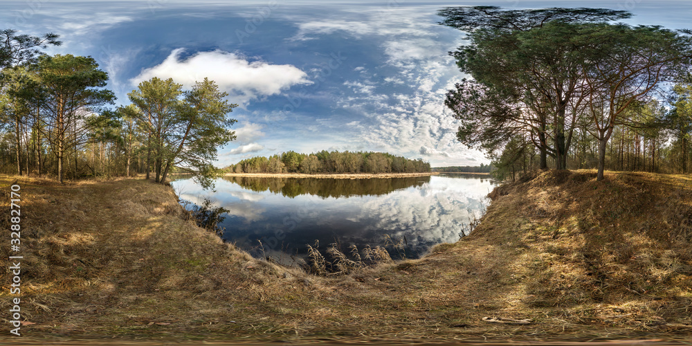 Wall mural full seamless spherical hdri panorama 360 degrees angle view on precipice of wide river in deciduous