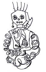 graphic black and white drawing of a robot with a cat in her arms
