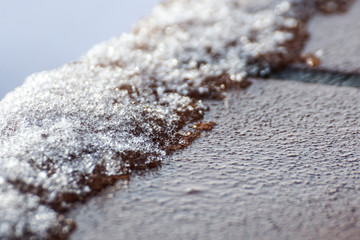 Snow crystals close-up . winter detail soft focus