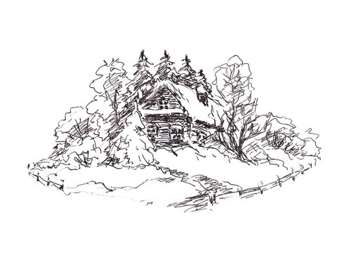 graphic black and white sketch of a rural house surrounded by trees