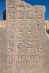 Hieroglyphic carvings on an ancient egyptian temple wall