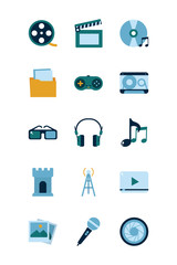 Multimedia and technology flat style icon set vector design