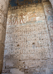 Hieroglyphic carvings on an ancient egyptian temple wall