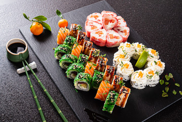 sushi set on the black background