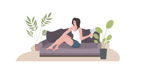 woman epilating legs girl sitting on sofa using modern laser epilator hair removal skin care concept horizontal full length vector illustration