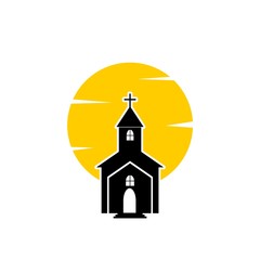 Church with cross on a sun background.  Church logo. Christian cross icon