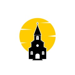Church with cross on a sun background.  Church logo. Christian cross icon