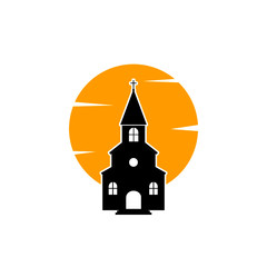 Church with cross on a sun background.  Church logo. Christian cross icon