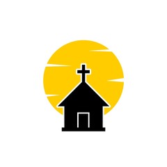 Church with cross on a sun background.  Church logo. Christian cross icon