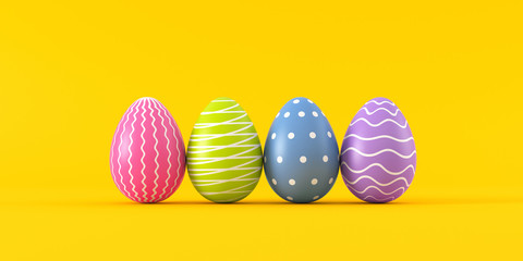 Set of easter eggs on a yellow background. 3d render illustration.
