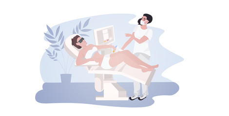 beautician giving epilation laser treatment to woman young girl receiving hair removal procedure at spa salon cosmetology skin beauty care concept horizontal full length vector illustration