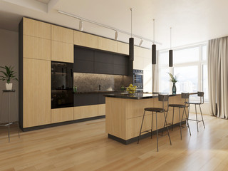 Modern wooden white kitchen in the interior - obrazy, fototapety, plakaty