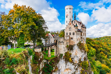 Germany, Lichtenstein Castle in Baden-Wurttemberg land in Swabian Alps. Seasonal view of...
