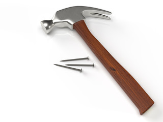 Hammer and nails on white surface. 3D rendering.