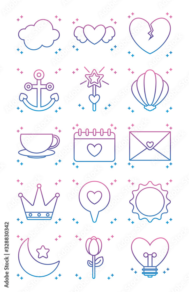 Canvas Prints hearts and kawaii icon set, gradient line style