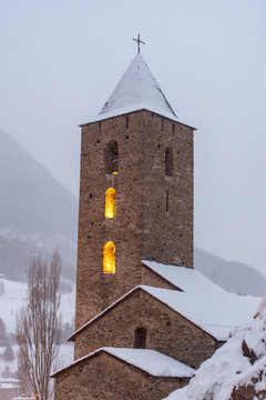 Church of Sant Serni in autumn in Canillo, Andorra in winter.