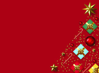 Christmas composition banner. Xmas design background with realistic gift box, glitter gold confetti, red ball decoration and candy. Top view horizontal poster with copy space. Flat lay greeting card. 