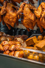 Roasted whole chicken displayed at traditional Chinese restaurant