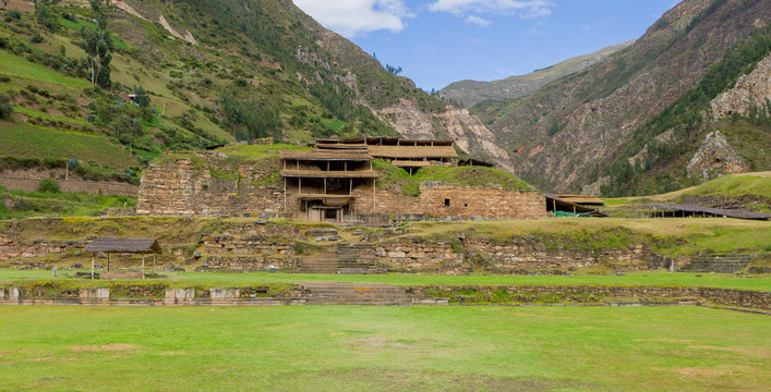 Exterior of the Chavin de Huantar&acute;s temple at a sunny day in Conchucos Valley, Ancash Region, Peru