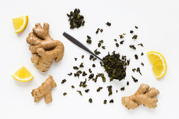 Tea with ginger, honey and lemon on white background. Isolated. Flat lay, top view
