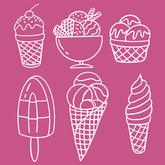 Illustration of various ice cream in doodle style and hand-drawn isolated on a pink background. Set of sweets for design.