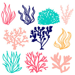 Fototapeta na wymiar Set of multicolored vector coral and seaweed in doodle style, hand-drawn isolated on white background. Design elements on the marine and underwater theme in pink, blue, turquoise and yellow.
