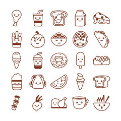 set of icons kawaii food , line style icon