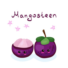 Kawaii Mangosteen fruit characters vector illustration isolated on white. Funny & happy cute cartoon food emoji with sketch lettering. Smiling fruits for smoothie, juice, kids menu template, package.