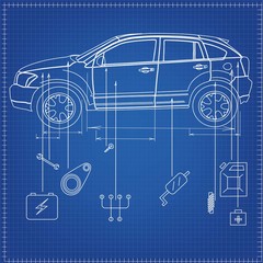 Diagram of the vehicle with parts and spare parts on a blue background.