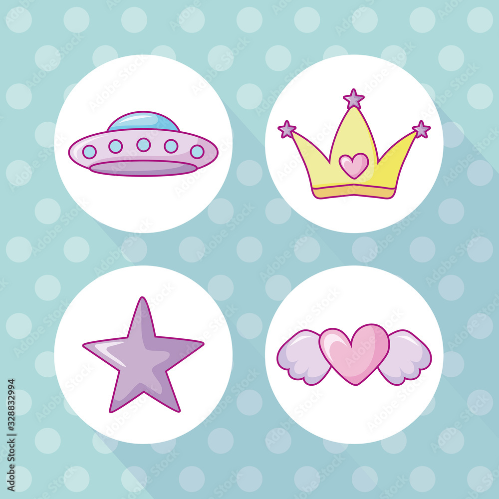 Poster kawaii star and related icons over white circles and blue background