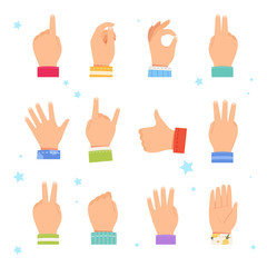 Set of children's hands showing different gestures. Children's hands in different poses, hold, point and count