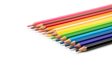 Not sharpen colour pencil 12 colours, pink brown red orange light orange yellow green dark green light blue dark blue purple and black isolated on white background. Clipping path