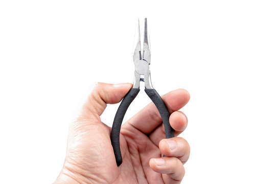 Black plier in Asian male hand showing in front of white background. Clipping path.