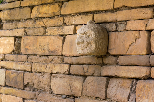 A Nail head (Cabeza Clava) or zoomorphic face carved in stone  from the pre-incan culture Chavin in Ancash Region, Peru