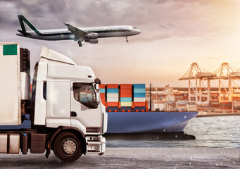 Truck, aircraft and cargo ship in a deposit with packages ready to start to deliver. Concept of transportation industry - obrazy, fototapety, plakaty