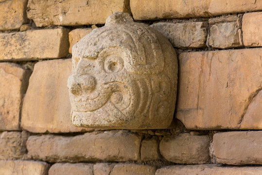 A Nail head (Cabeza Clava) or zoomorphic face carved in stone  from the pre-incan culture Chavin in Ancash Region, Peru
