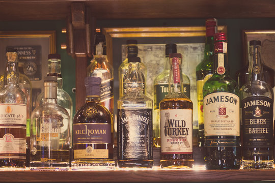 Alcohol bottles in a bar
