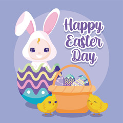 cartoon cute chicks and rabbits with basket with easter eggs