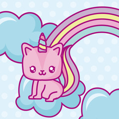 clouds with kawaii unicorn and rainbow over purple background, colorful design