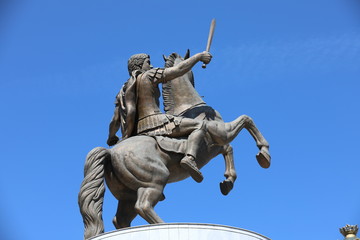 SKOPJE, NORTH MACEDONIA - AUGUST 19, 2019 : Sculptures in the city center of Skopje. Skopje is the capital of Macedonia, Fyrom.