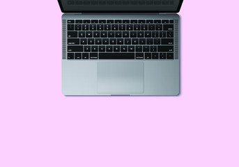 Fototapeta na wymiar Realistic flatlay laptop isolated on pink background. Top view modern computer notebook with empty screen. blank copy space with mobile computer.