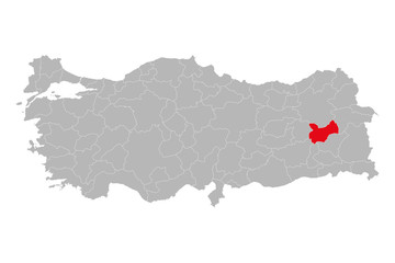 Mus province highlighted red color on turkey map vector. Gray background.