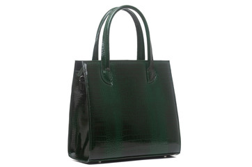 elegant green women’s leather bag isolated on white background