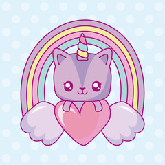 kawaii unicorn with wings and heart over rainbow and blue background, colorful design